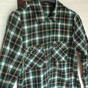 Zara Green Black White Red Plaid Check Long Sleeve Shirt with Silver Studs